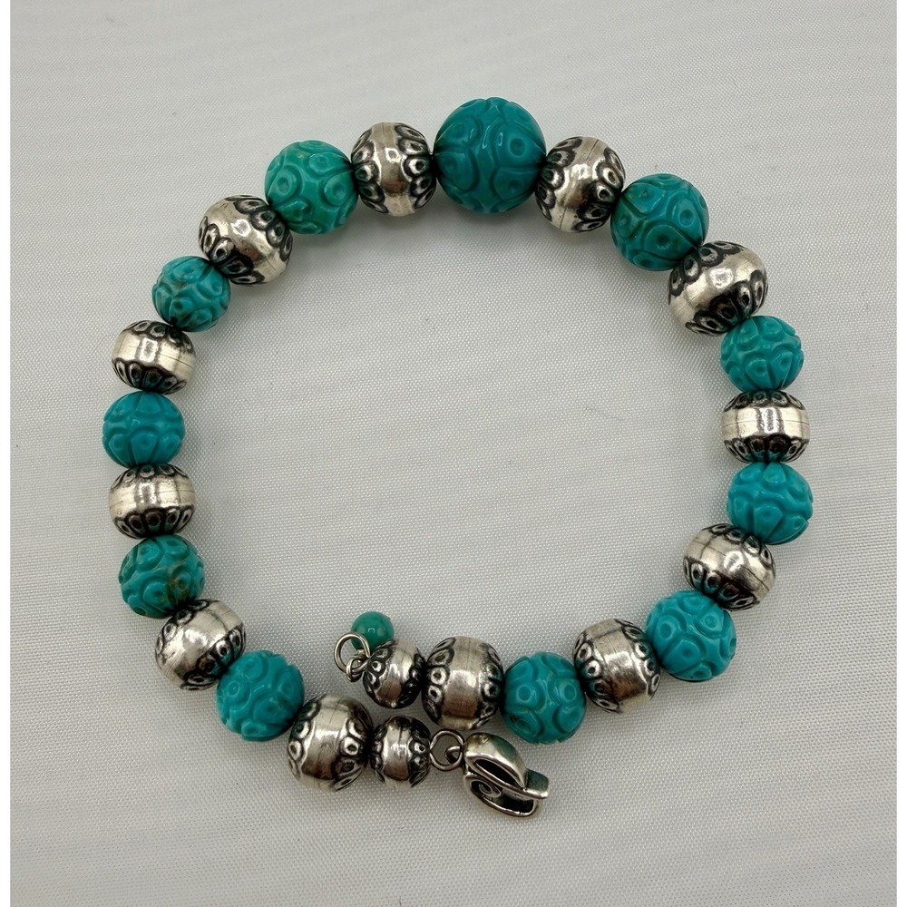 Carolyn Pollack Sterling Silver & Carved Turquoise Bead Memory Wire Bracelet